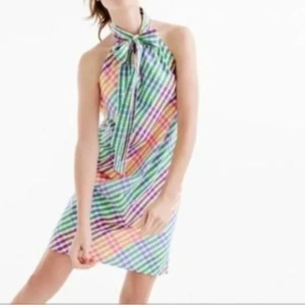 J. Crew Multi-color Plaid Halter Sleeveless Tie Mini Dress Size 2 - Picture 2 of 12